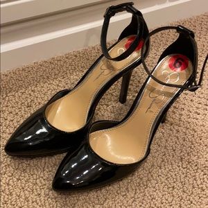 Black strap patent leather heel
